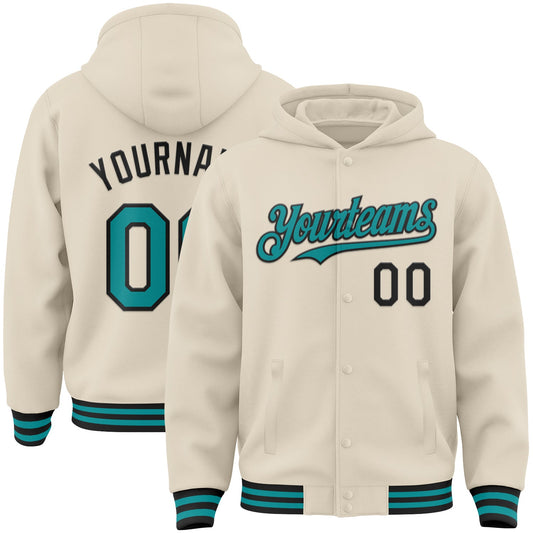 Custom Cream Teal-Black Bomber Full-Snap Varsity Letterman Hoodie Jacket - Main View