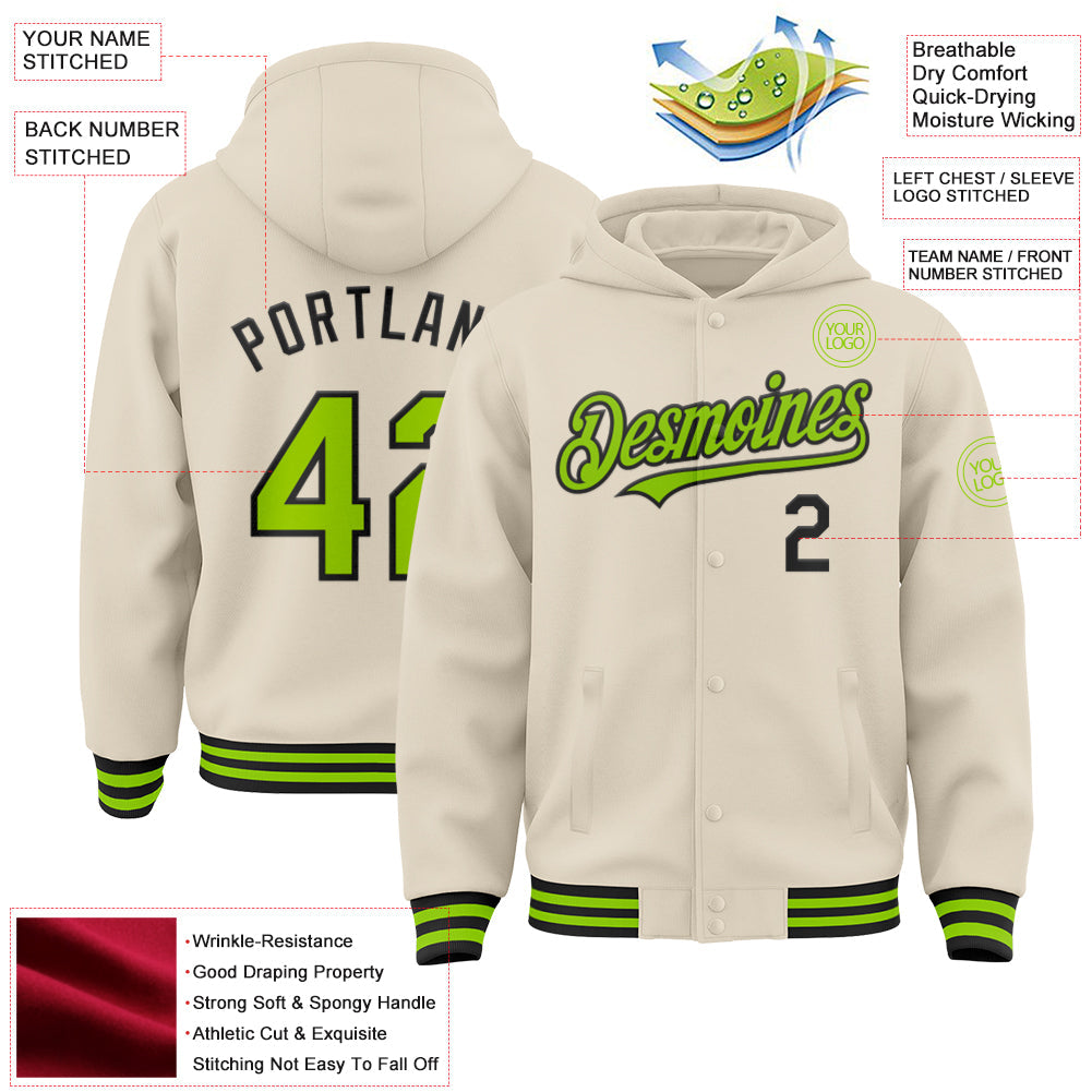 Custom Cream Neon Green-Black Bomber Full-Snap Varsity Letterman Hoodie Jacket view 3