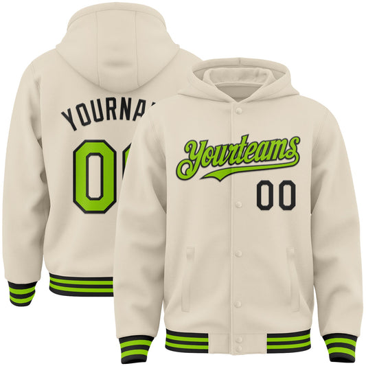 Custom Cream Neon Green-Black Bomber Full-Snap Varsity Letterman Hoodie Jacket - Main View