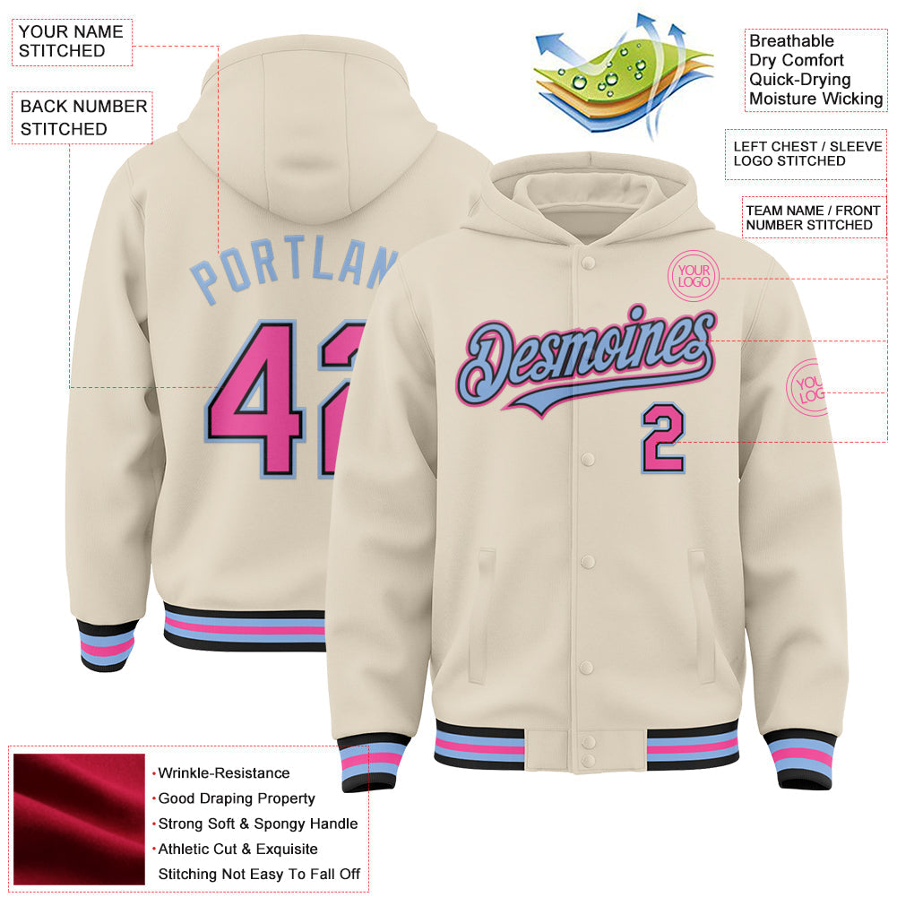 Custom Cream Pink Black-Light Blue Bomber Full-Snap Varsity Letterman Hoodie Jacket view 3