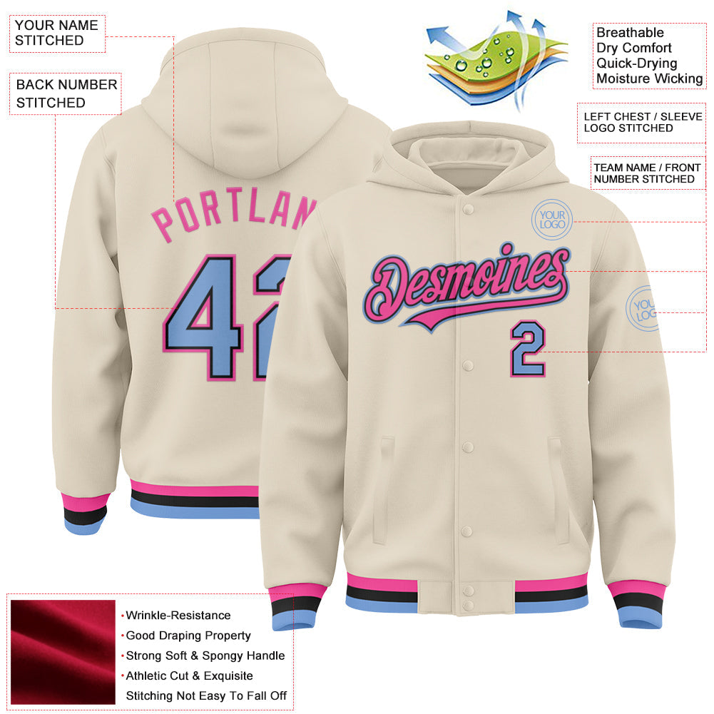 Custom Cream Light Blue Black-Pink Bomber Full-Snap Varsity Letterman Hoodie Jacket view 3