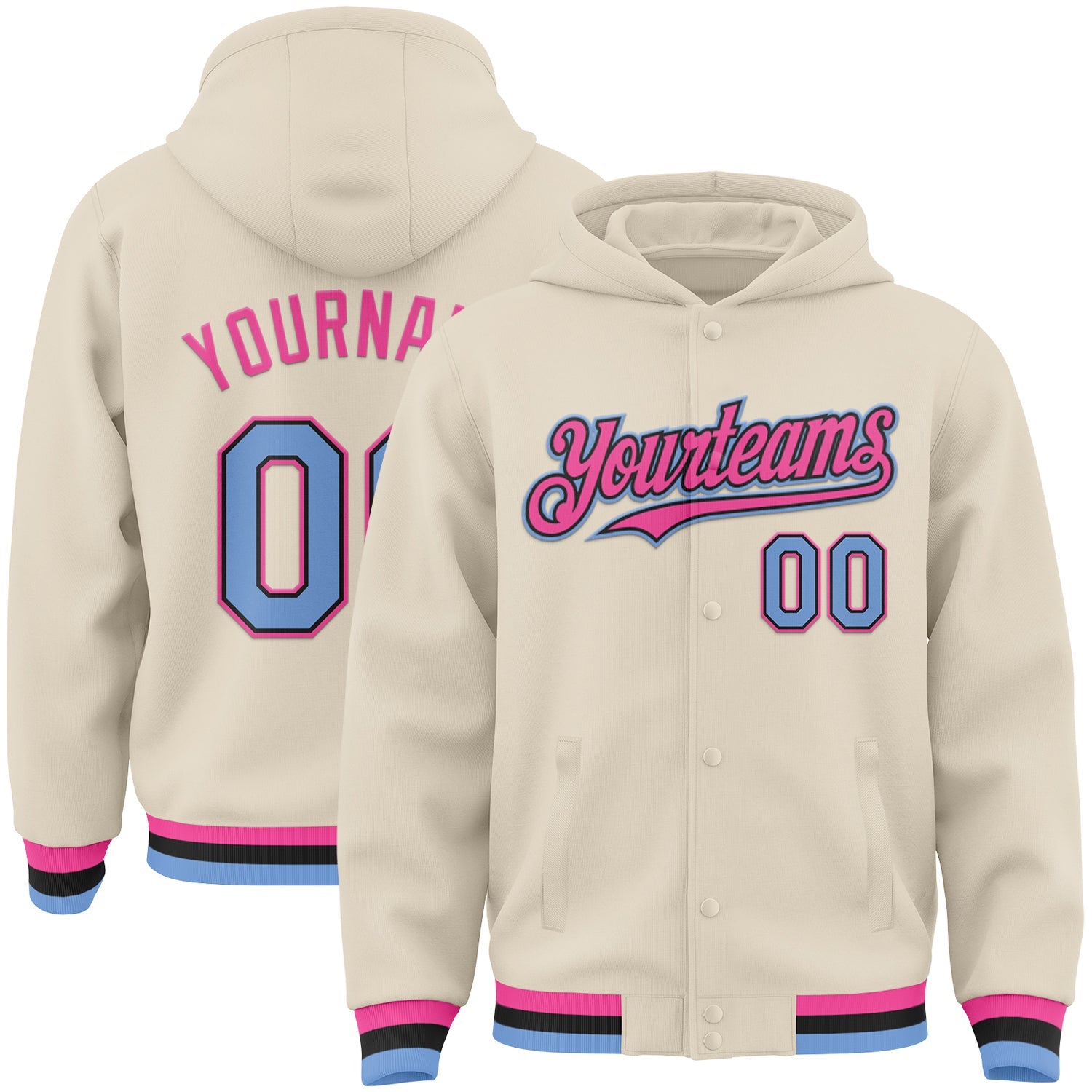 Custom Cream Light Blue Black-Pink Bomber Full-Snap Varsity Letterman Hoodie Jacket - Main View