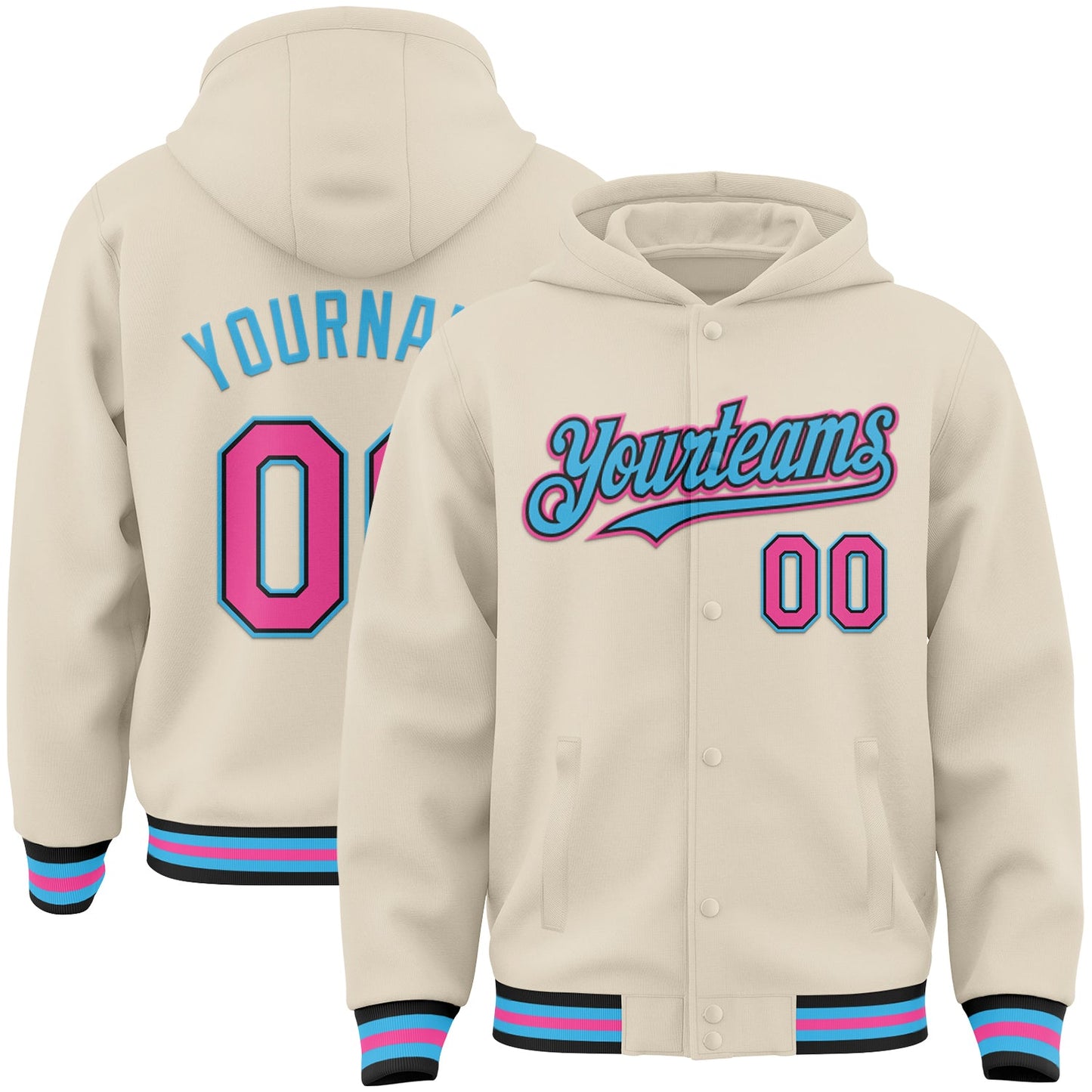 Custom Cream Pink Black-Sky Blue Bomber Full-Snap Varsity Letterman Hoodie Jacket - Main View