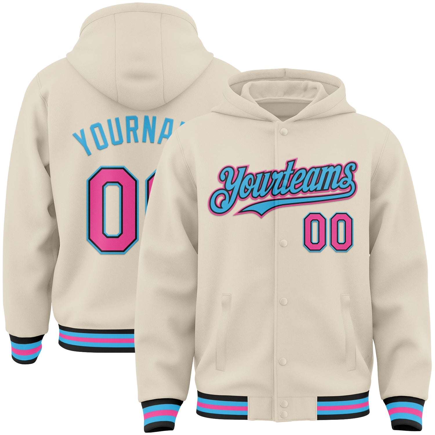 Custom Cream Pink Black-Sky Blue Bomber Full-Snap Varsity Letterman Hoodie Jacket - Main View