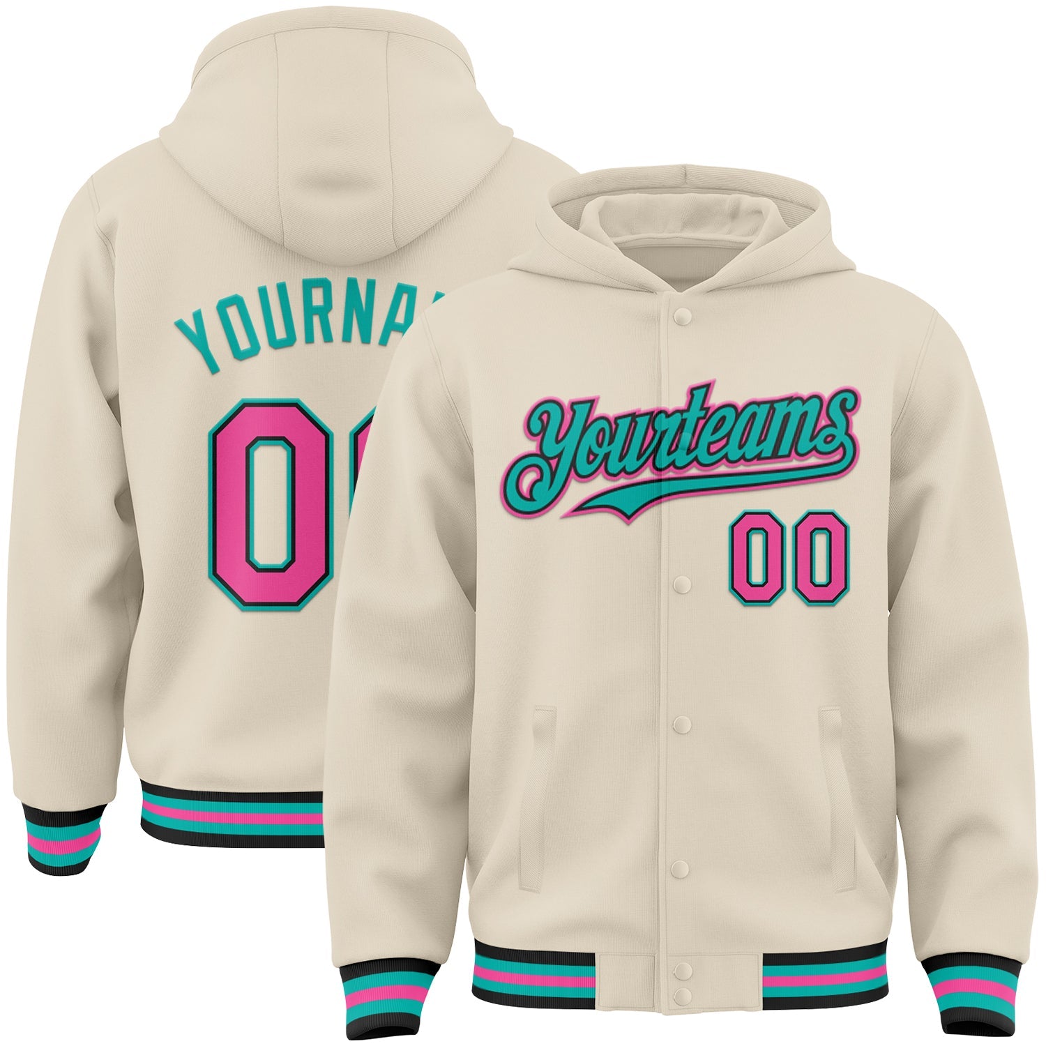 Custom Cream Pink Black-Aqua Bomber Full-Snap Varsity Letterman Hoodie Jacket - Main View