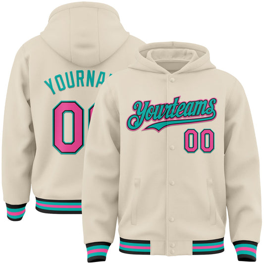 Custom Cream Pink Black-Aqua Bomber Full-Snap Varsity Letterman Hoodie Jacket - Main View