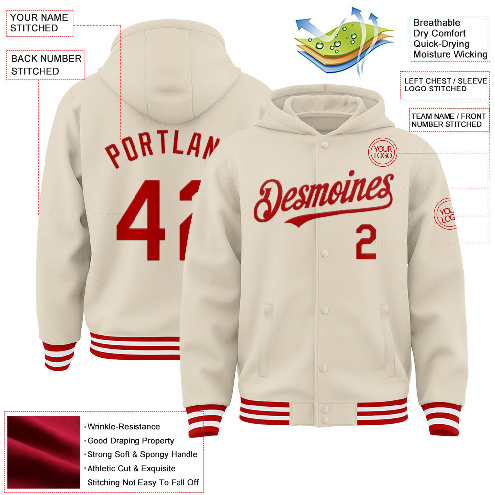 Custom Cream Red-White Bomber Full-Snap Varsity Letterman Hoodie Jacket view 3