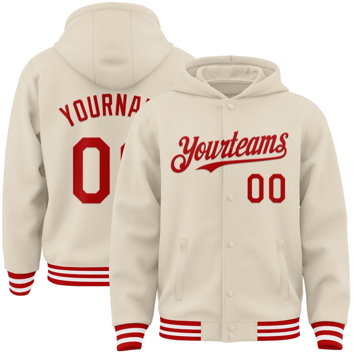 Custom Cream Red-White Bomber Full-Snap Varsity Letterman Hoodie Jacket - Main View