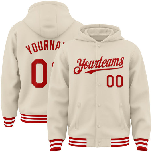 Custom Cream Red-White Bomber Full-Snap Varsity Letterman Hoodie Jacket - Main View
