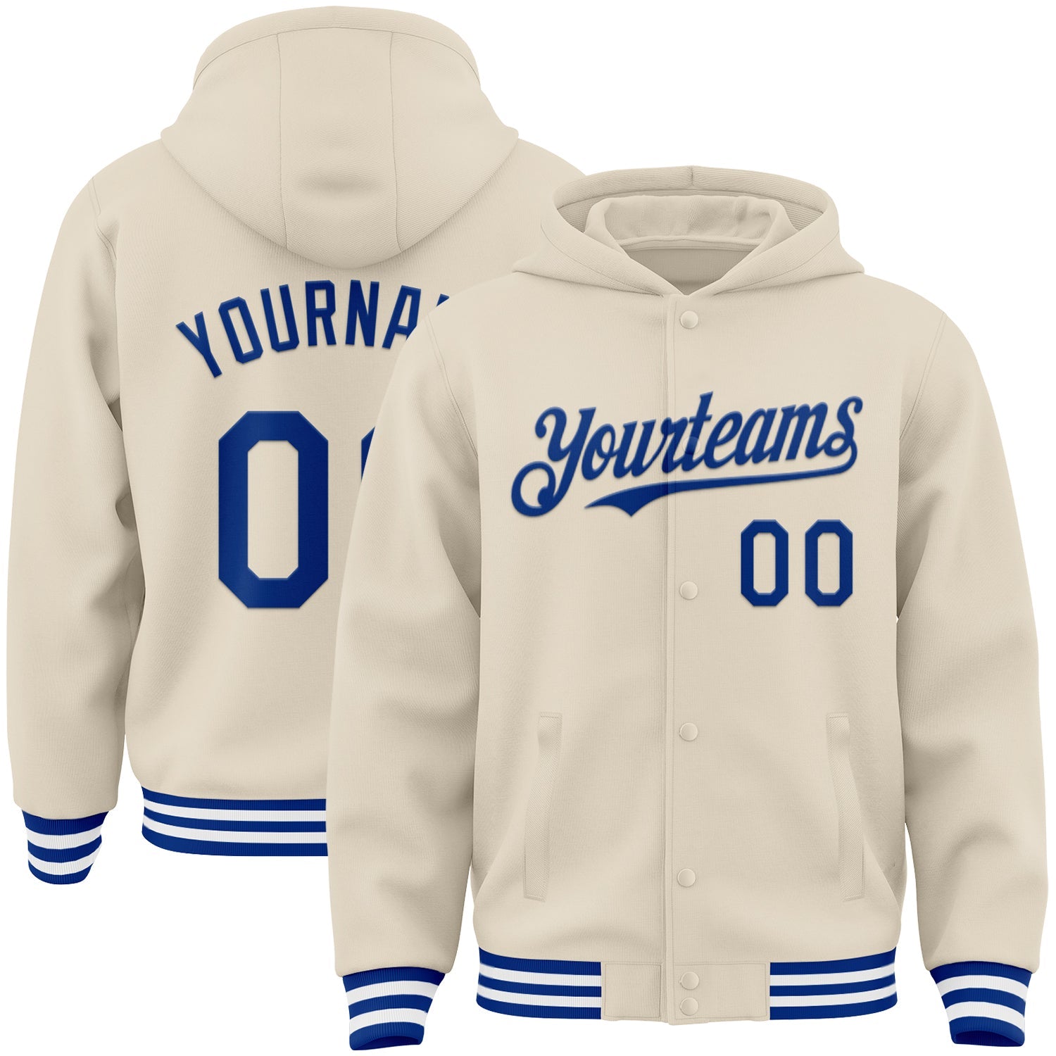 Custom Cream Royal-White Bomber Full-Snap Varsity Letterman Hoodie Jacket - Main View