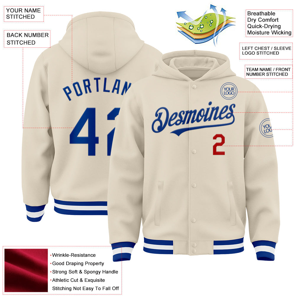 Custom Cream Royal Red-White Bomber Full-Snap Varsity Letterman Hoodie Jacket view 3
