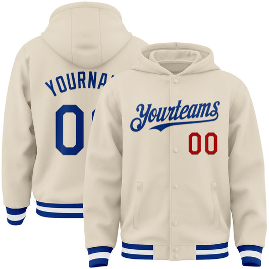 Custom Cream Royal Red-White Bomber Full-Snap Varsity Letterman Hoodie Jacket - Main View