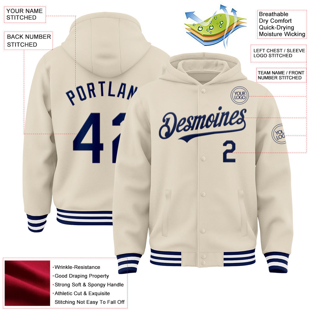 Custom Cream Navy-White Bomber Full-Snap Varsity Letterman Hoodie Jacket view 3