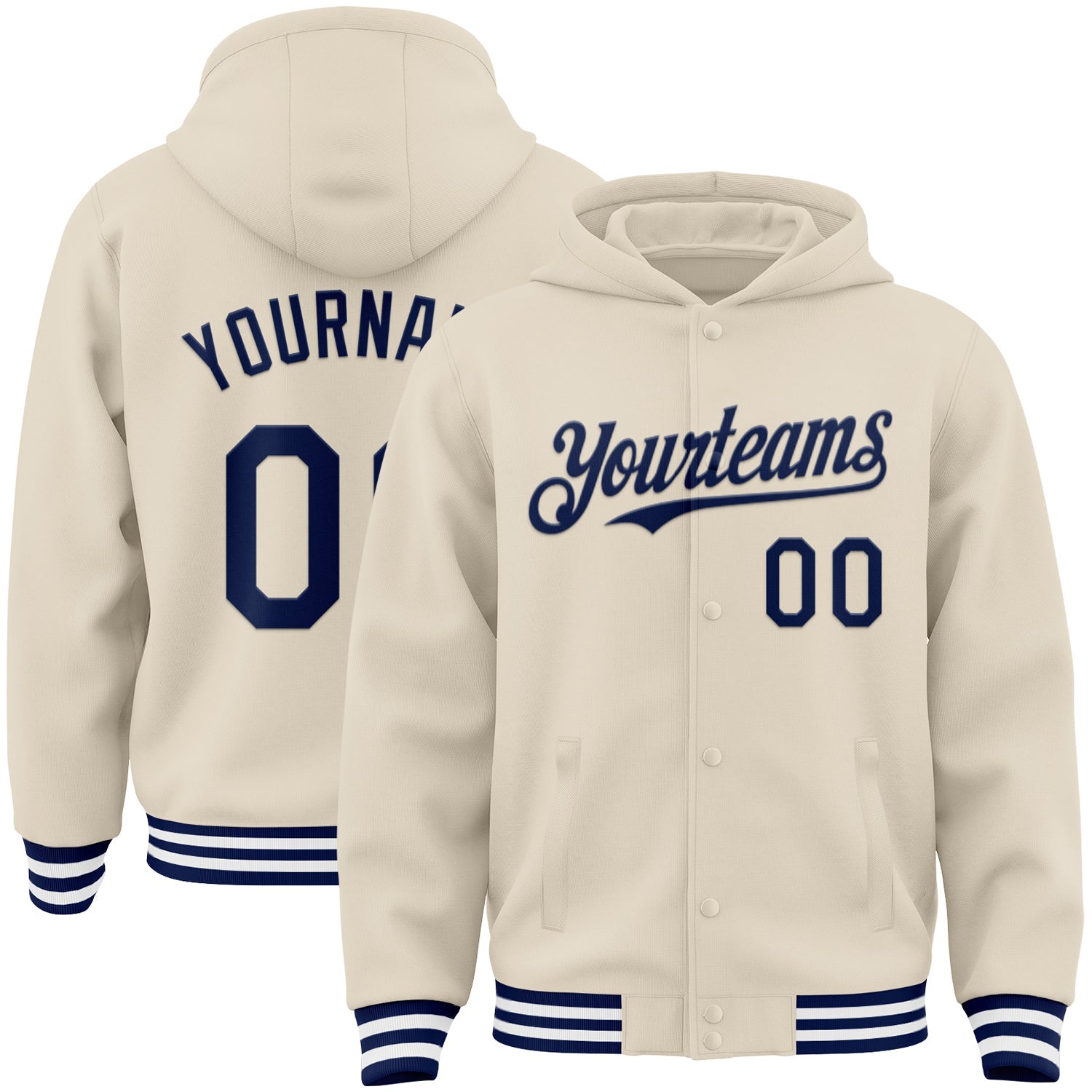 Custom Cream Navy-White Bomber Full-Snap Varsity Letterman Hoodie Jacket - Main View