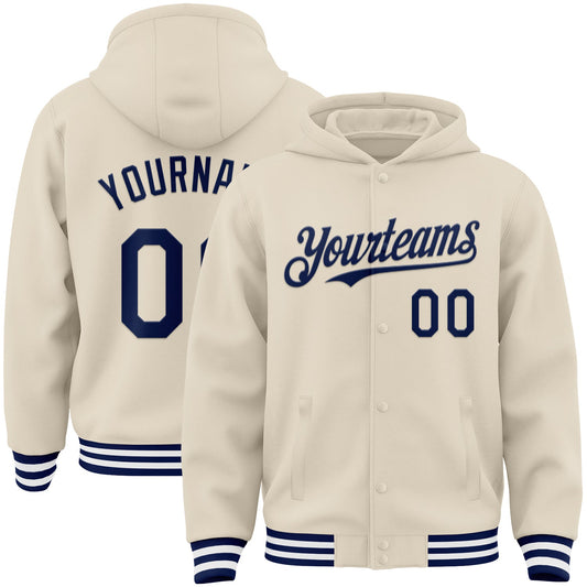 Custom Cream Navy-White Bomber Full-Snap Varsity Letterman Hoodie Jacket - Main View