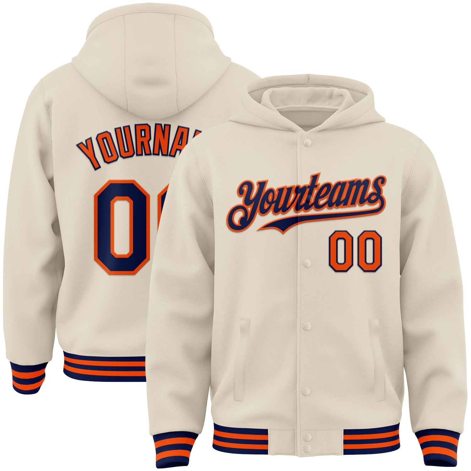 Custom Cream Navy-Orange Bomber Full-Snap Varsity Letterman Hoodie Jacket - Main View