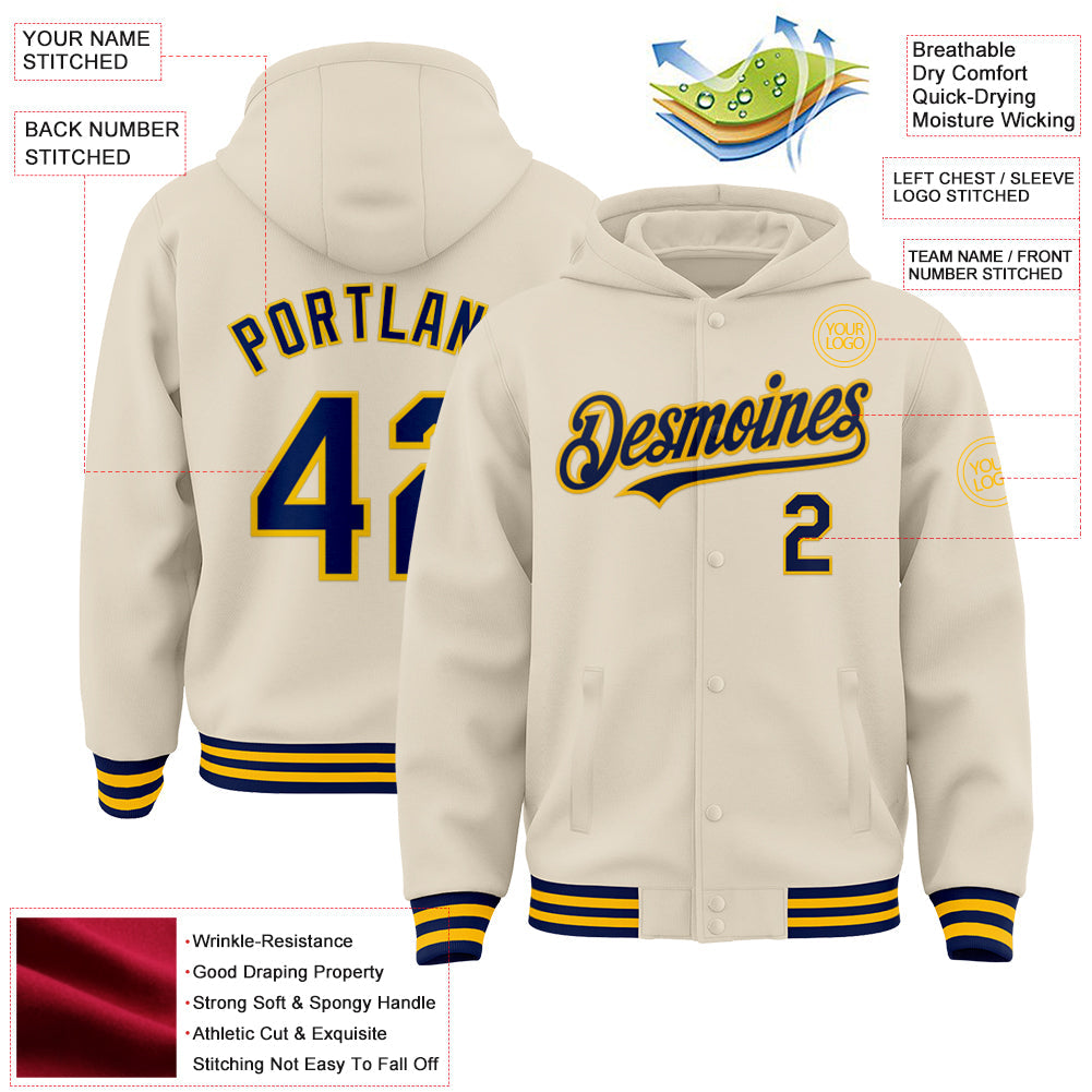 Custom Cream Navy-Gold Bomber Full-Snap Varsity Letterman Hoodie Jacket view 3