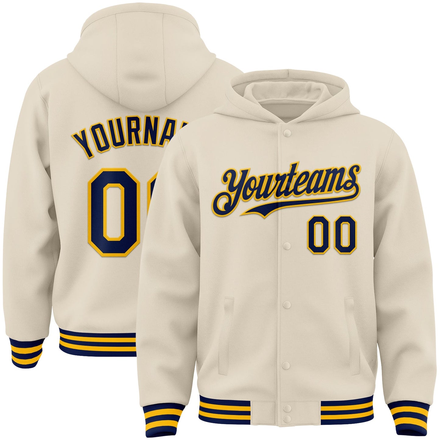 Custom Cream Navy-Gold Bomber Full-Snap Varsity Letterman Hoodie Jacket - Main View