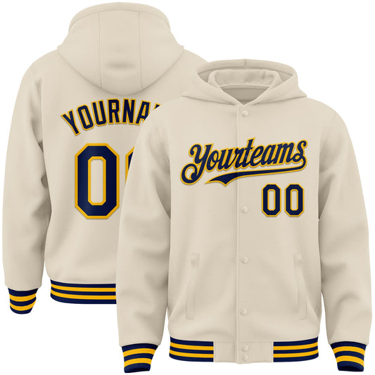 Custom Cream Navy-Gold Bomber Full-Snap Varsity Letterman Hoodie Jacket - Main View