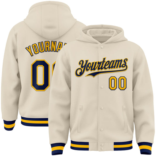 Custom Cream Navy-Gold Bomber Full-Snap Varsity Letterman Hoodie Jacket - Main View