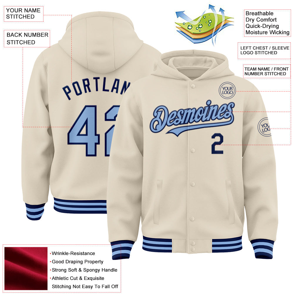 Custom Cream Light Blue-Navy Bomber Full-Snap Varsity Letterman Hoodie Jacket view 3