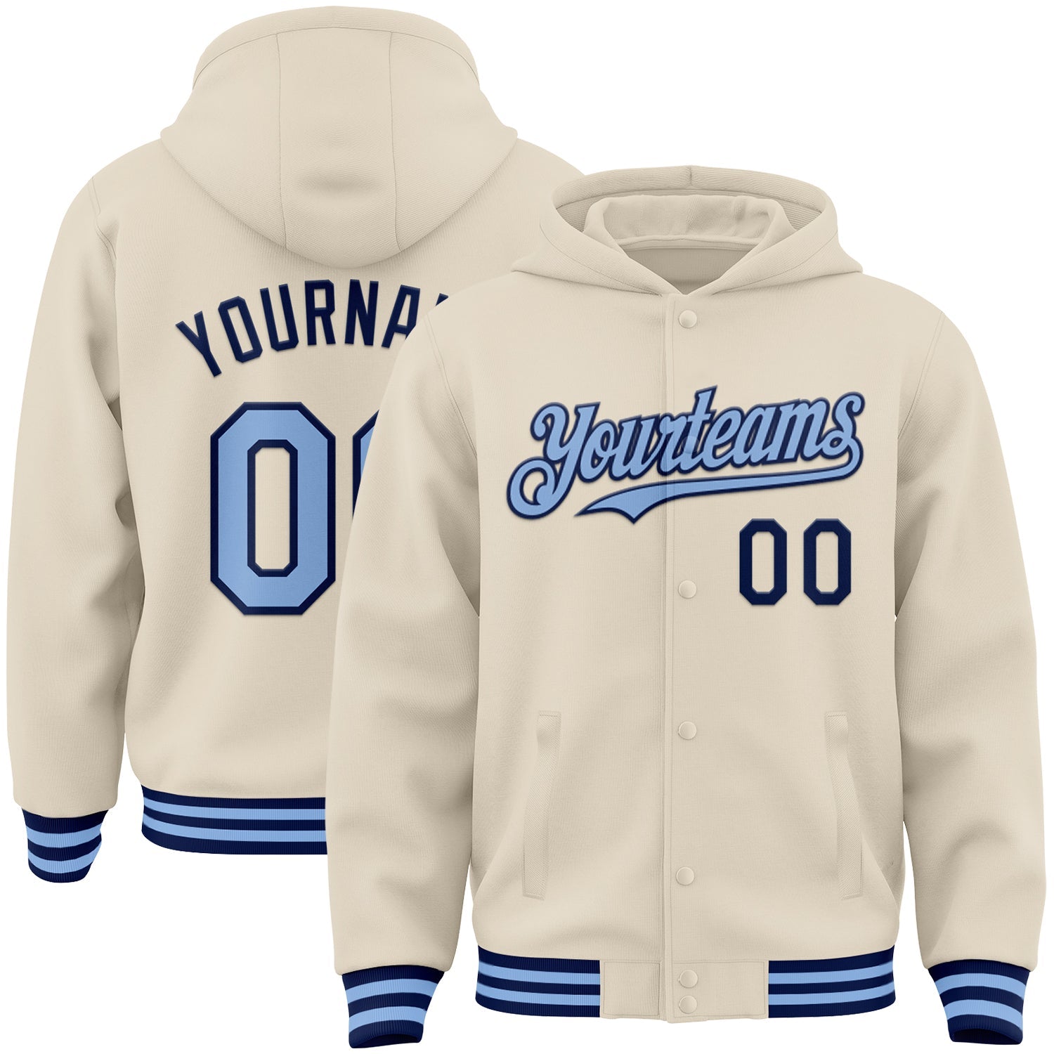 Custom Cream Light Blue-Navy Bomber Full-Snap Varsity Letterman Hoodie Jacket - Main View