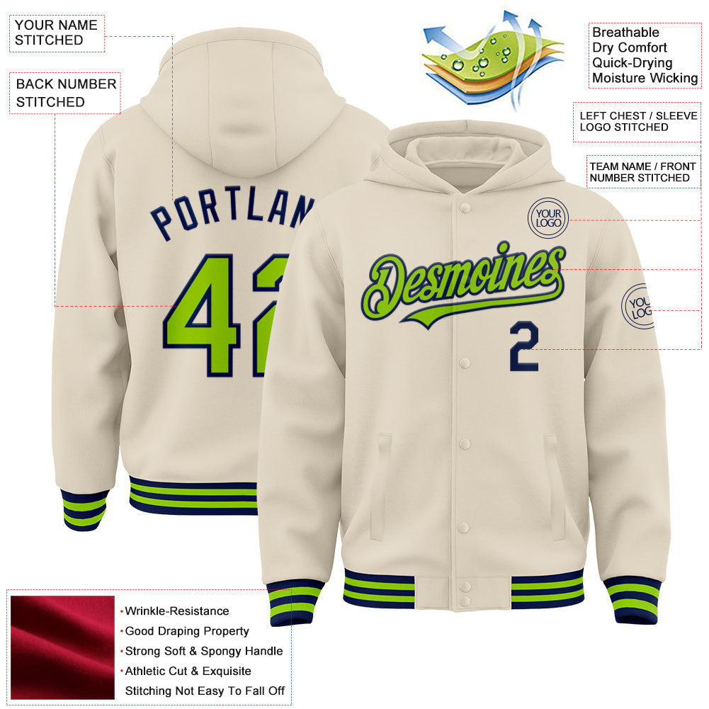 Custom Cream Neon Green-Navy Bomber Full-Snap Varsity Letterman Hoodie Jacket view 3