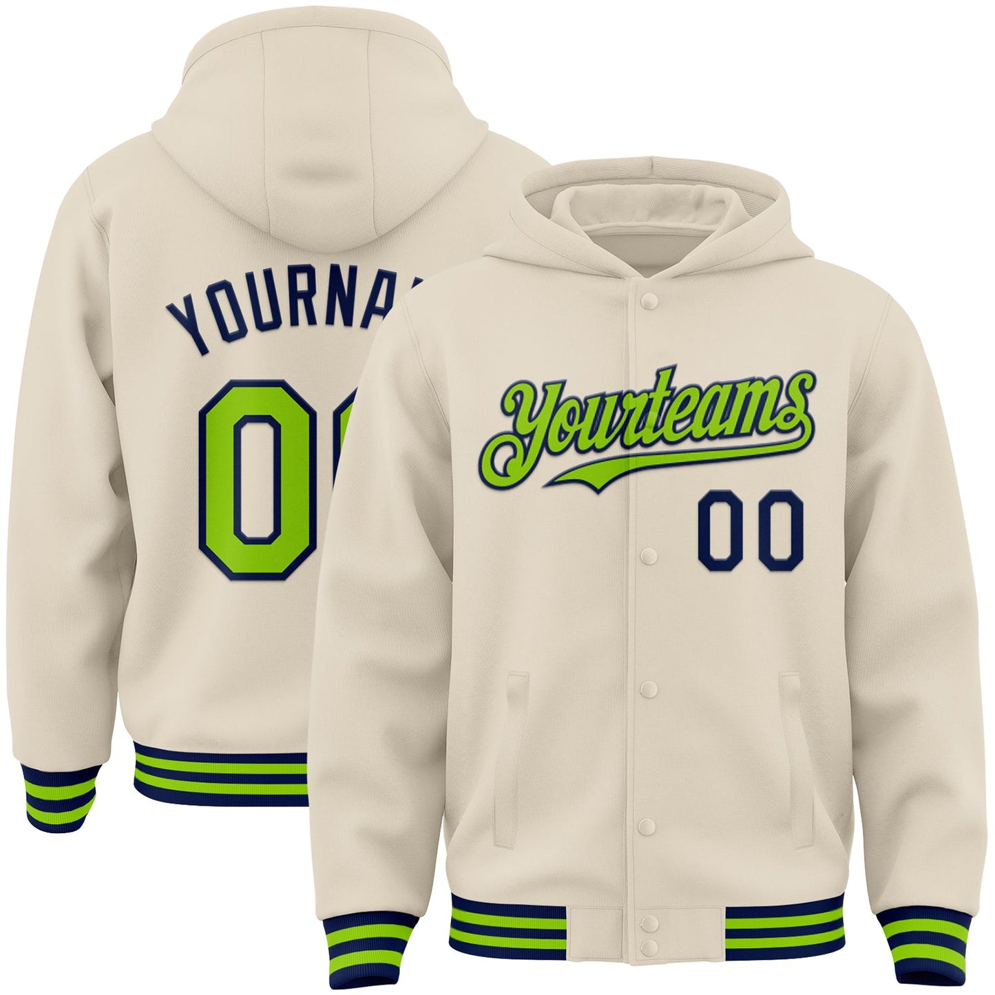 Custom Cream Neon Green-Navy Bomber Full-Snap Varsity Letterman Hoodie Jacket - Main View