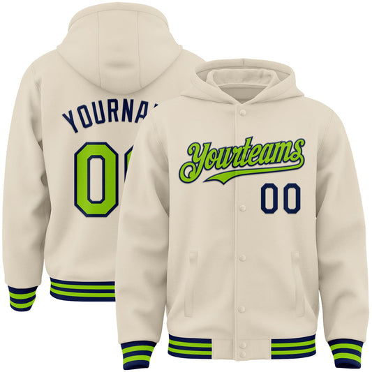Custom Cream Neon Green-Navy Bomber Full-Snap Varsity Letterman Hoodie Jacket - Main View
