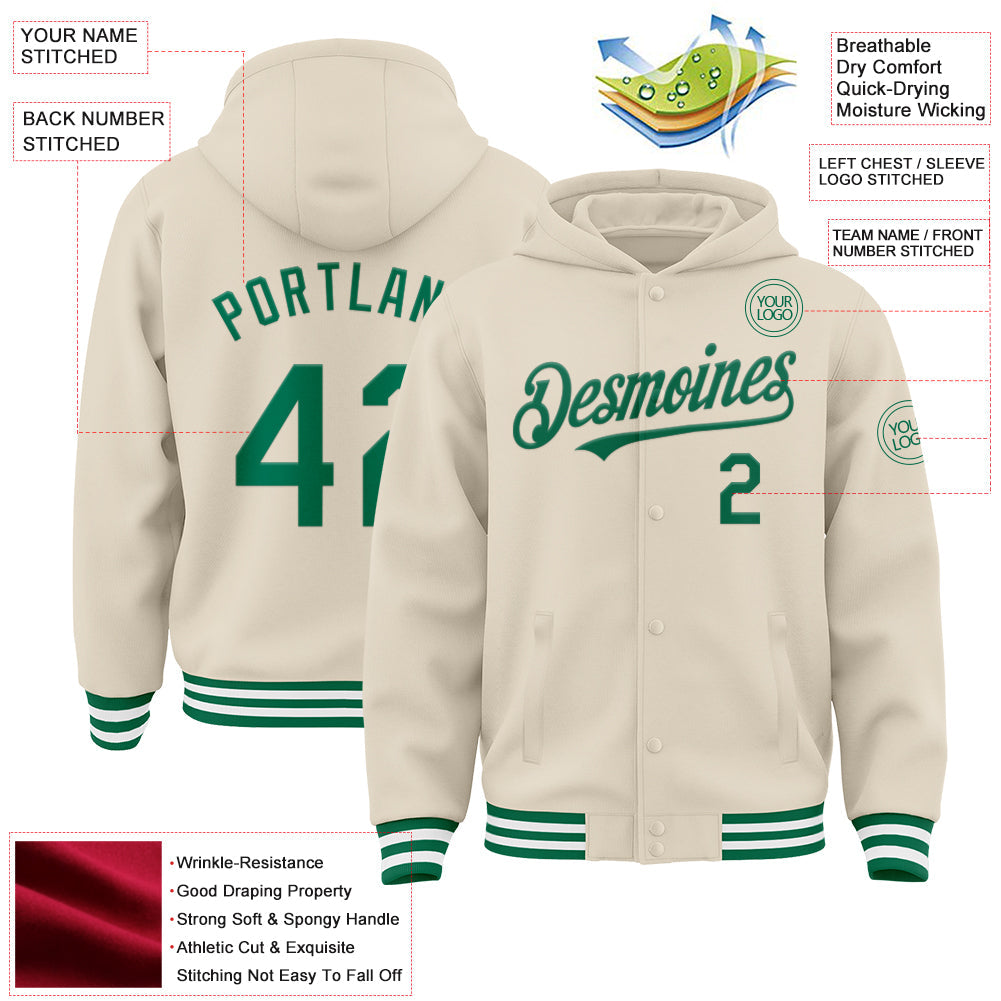Custom Cream Kelly Green-White Bomber Full-Snap Varsity Letterman Hoodie Jacket view 3