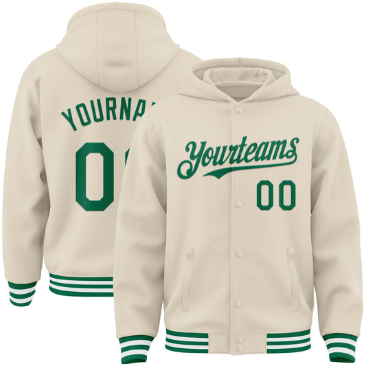 Custom Cream Kelly Green-White Bomber Full-Snap Varsity Letterman Hoodie Jacket - Main View