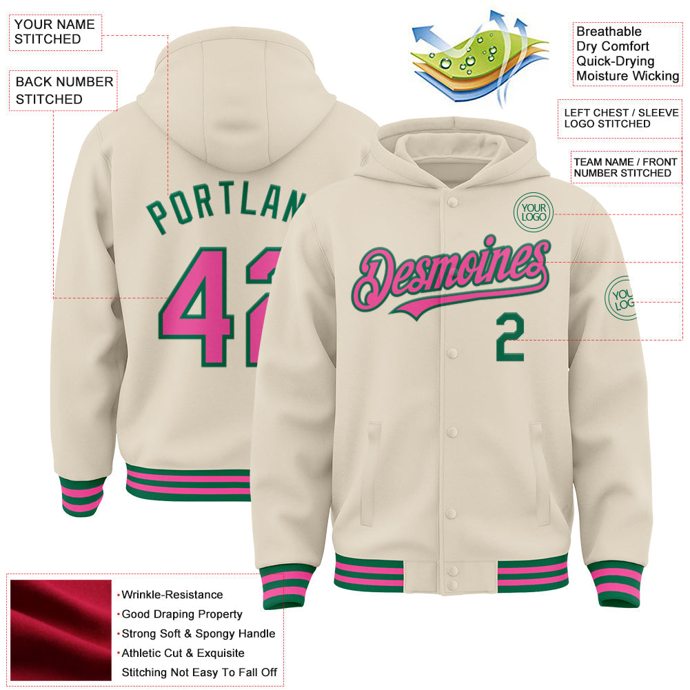 Custom Cream Pink-Kelly Green Bomber Full-Snap Varsity Letterman Hoodie Jacket view 3
