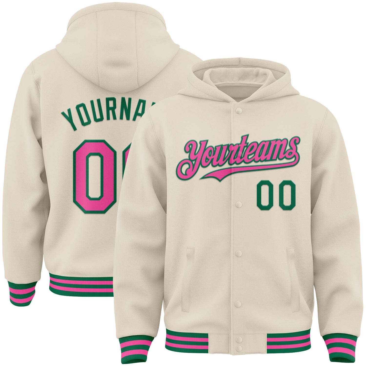Custom Cream Pink-Kelly Green Bomber Full-Snap Varsity Letterman Hoodie Jacket - Main View