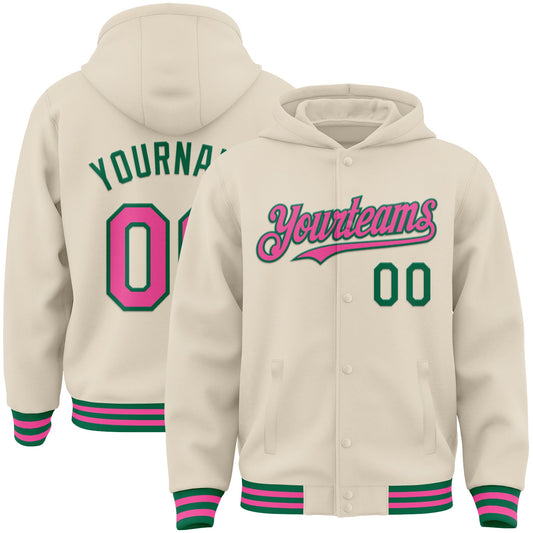 Custom Cream Pink-Kelly Green Bomber Full-Snap Varsity Letterman Hoodie Jacket - Main View