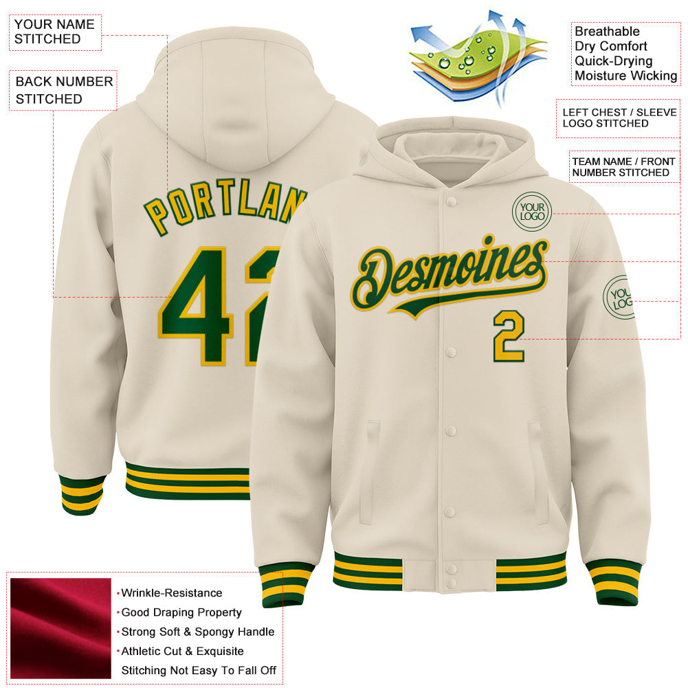 Custom Cream Green-Gold Bomber Full-Snap Varsity Letterman Hoodie Jacket view 3