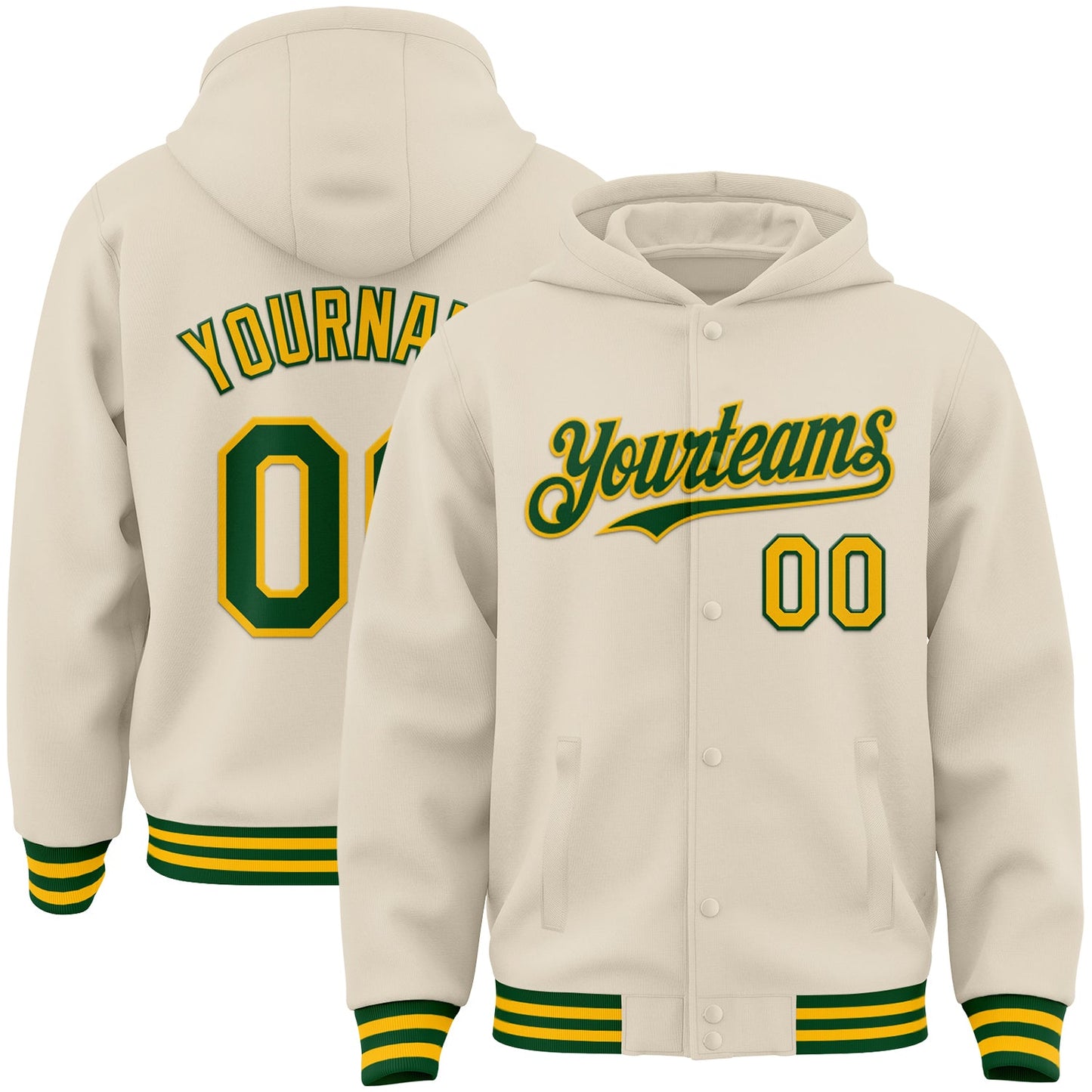 Custom Cream Green-Gold Bomber Full-Snap Varsity Letterman Hoodie Jacket - Main View