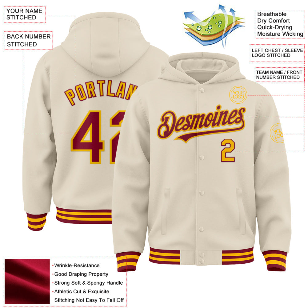 Custom Cream Crimson-Gold Bomber Full-Snap Varsity Letterman Hoodie Jacket view 3
