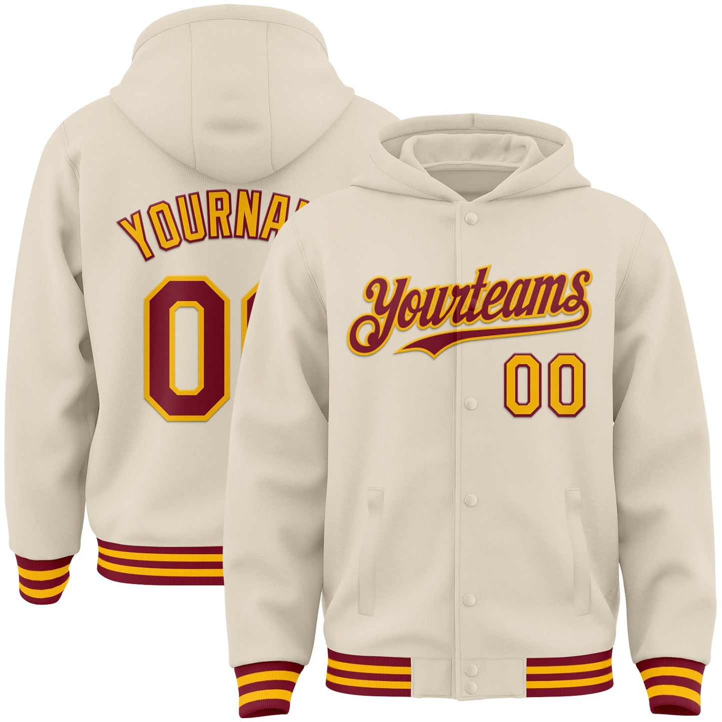 Custom Cream Crimson-Gold Bomber Full-Snap Varsity Letterman Hoodie Jacket - Main View