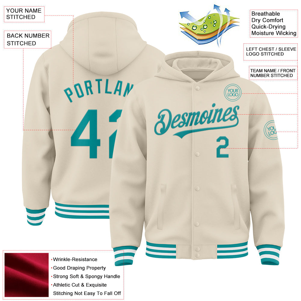 Custom Cream Teal-White Bomber Full-Snap Varsity Letterman Hoodie Jacket view 3