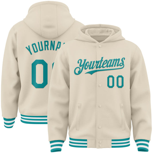 Custom Cream Teal-White Bomber Full-Snap Varsity Letterman Hoodie Jacket - Main View