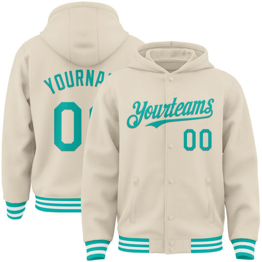 Custom Cream Aqua-White Bomber Full-Snap Varsity Letterman Hoodie Jacket - Main View