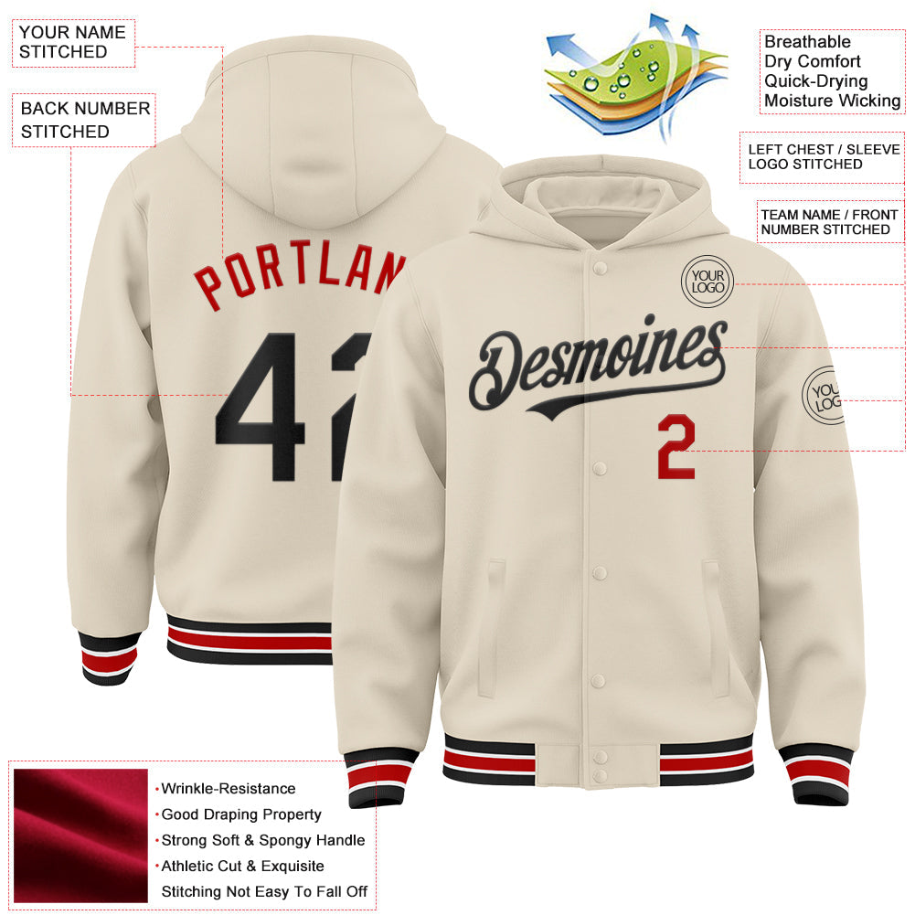 Custom Cream Black Red-White Bomber Full-Snap Varsity Letterman Hoodie Jacket view 3