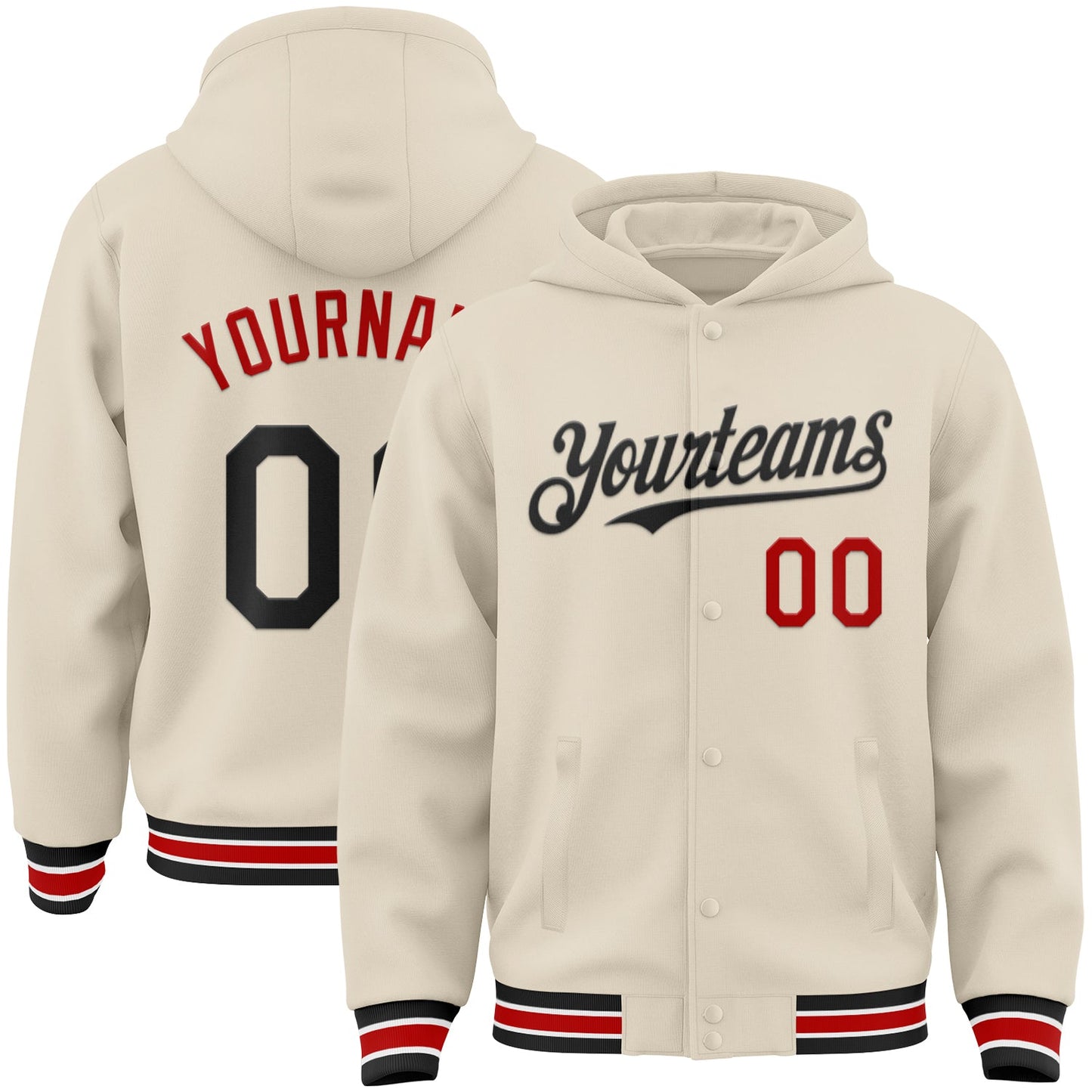Custom Cream Black Red-White Bomber Full-Snap Varsity Letterman Hoodie Jacket - Main View