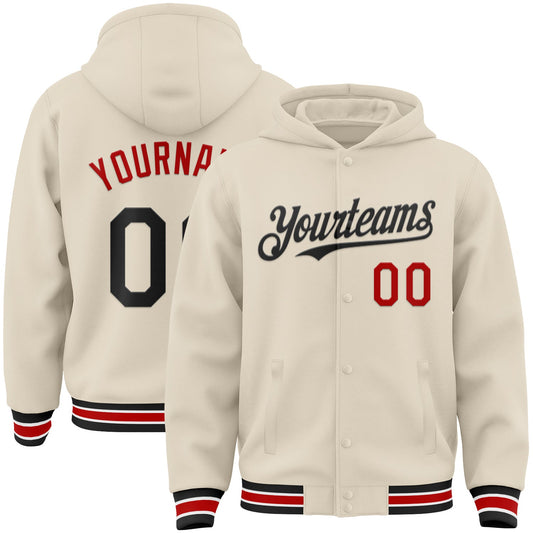 Custom Cream Black Red-White Bomber Full-Snap Varsity Letterman Hoodie Jacket - Main View
