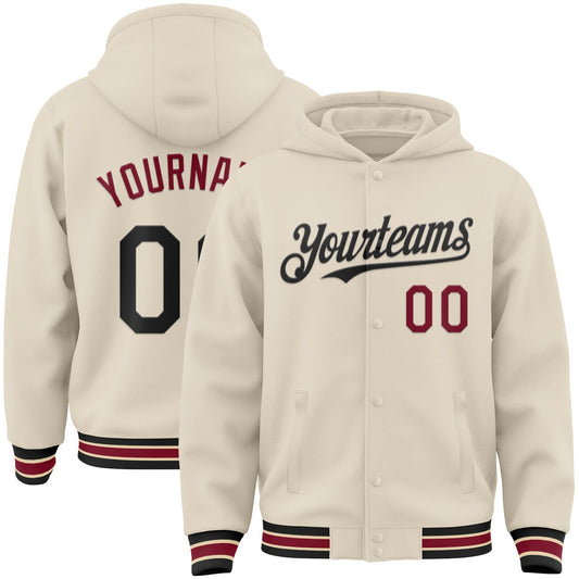 Custom Cream Black Crimson-City Cream Bomber Full-Snap Varsity Letterman Hoodie Jacket - Main View