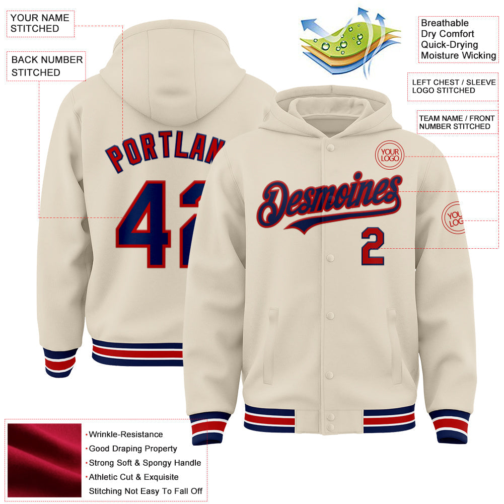 Custom Cream Navy Red-White Bomber Full-Snap Varsity Letterman Hoodie Jacket view 3