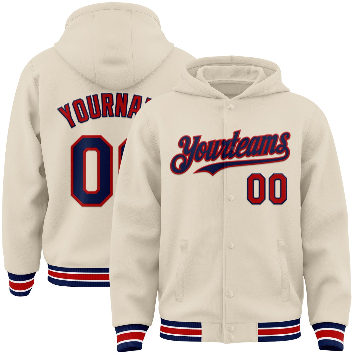 Custom Cream Navy Red-White Bomber Full-Snap Varsity Letterman Hoodie Jacket - Main View