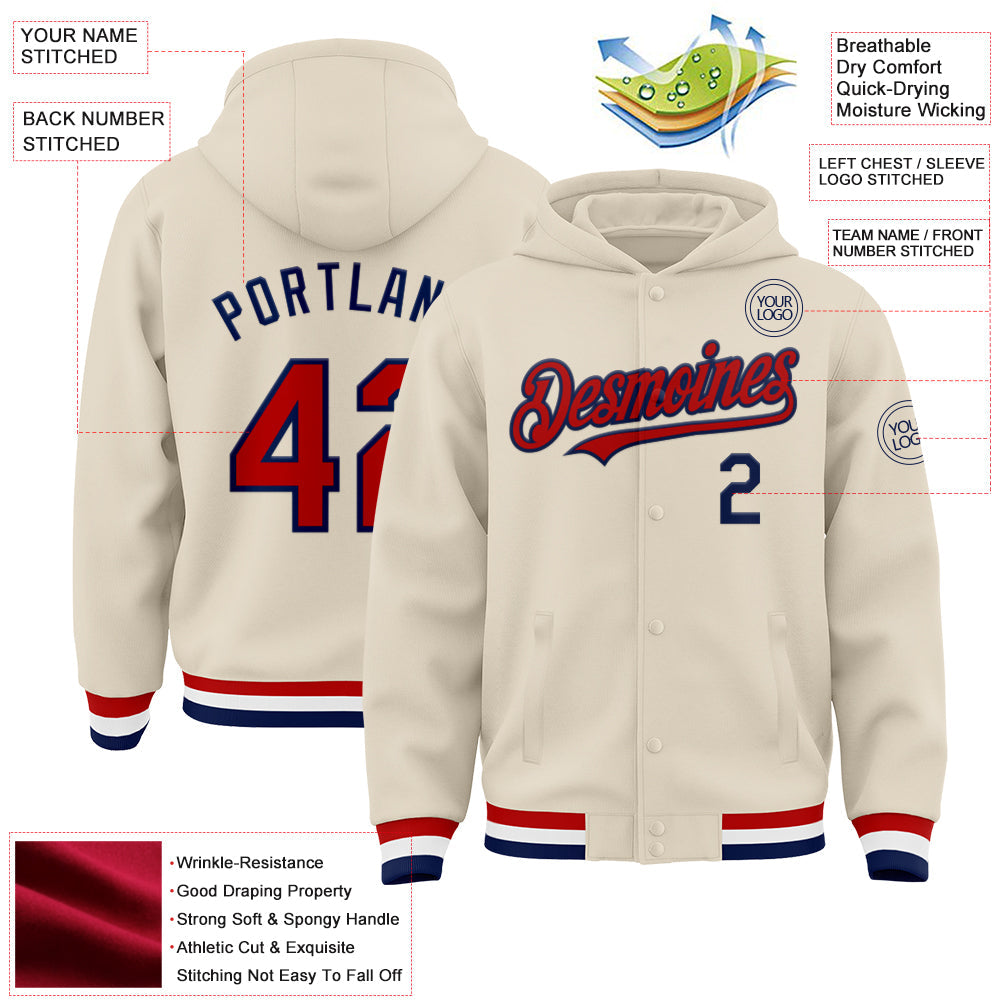 Custom Cream Red Navy-White Bomber Full-Snap Varsity Letterman Hoodie Jacket view 3