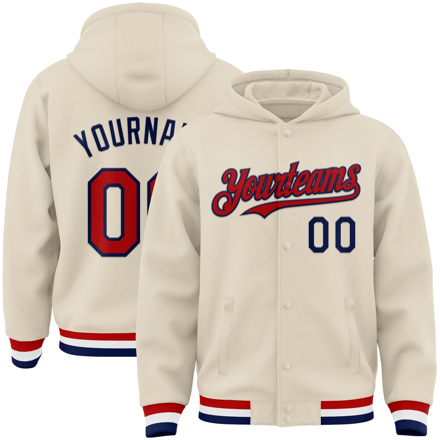 Custom Cream Red Navy-White Bomber Full-Snap Varsity Letterman Hoodie Jacket - Main View