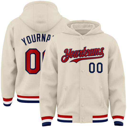 Custom Cream Red Navy-White Bomber Full-Snap Varsity Letterman Hoodie Jacket - Main View